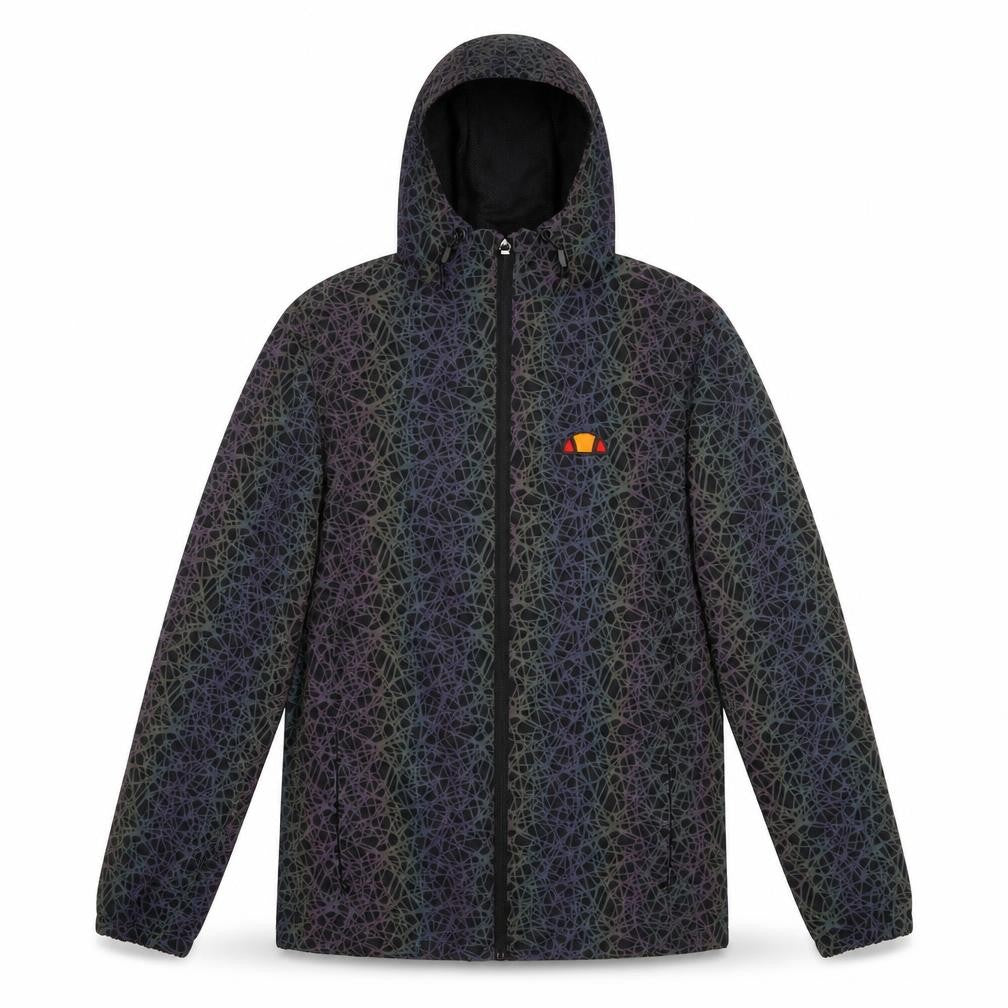 Front view of Ellesse women’s black geometric windbreaker coat, size UK 6