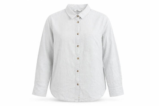 Front view of New Look women’s blue striped basic button-up, size UK 16