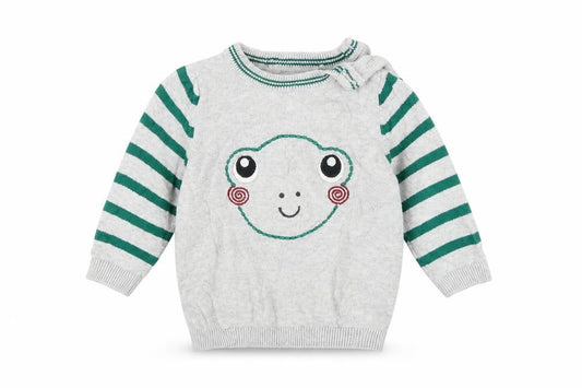 Front view of Tu Baby Grey Striped jumper, size 0-3, Months - Frog