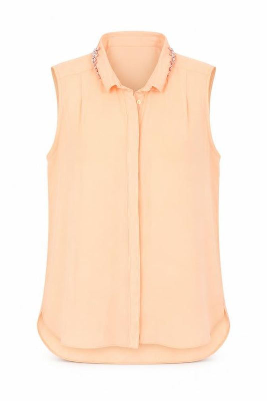 Front view of River Island women’s orange basic button-up, size UK 12, - rhinestoed collar