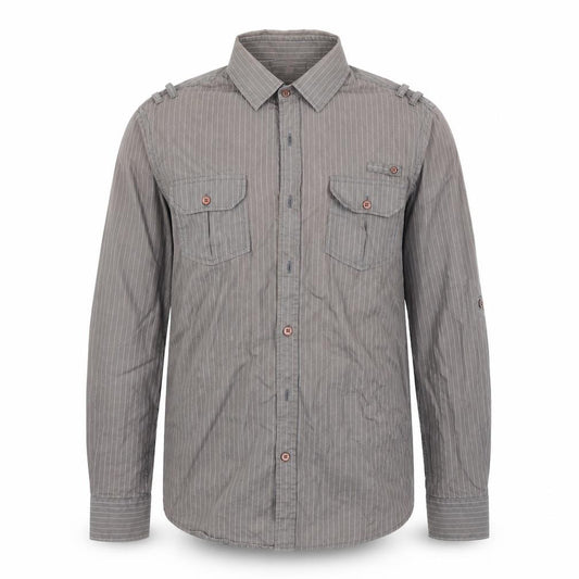 Front view of River Island men’s brown striped button-up, size M