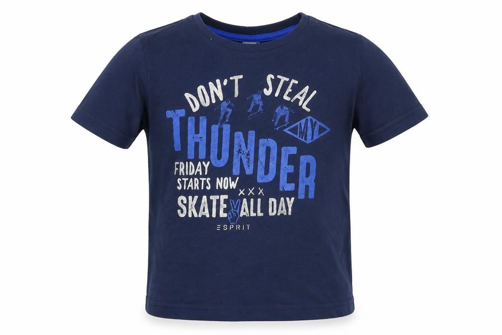 Front view of ESPRIT boys’ blue basic t-shirt, size 4-5, years - skateboard