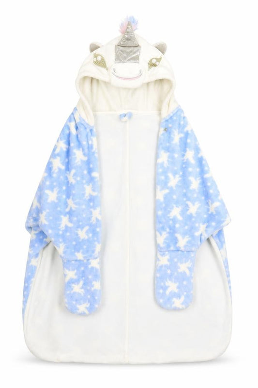 Front view of Matalan girls’ blue solid top robe, size 9, years - unicorn, cape