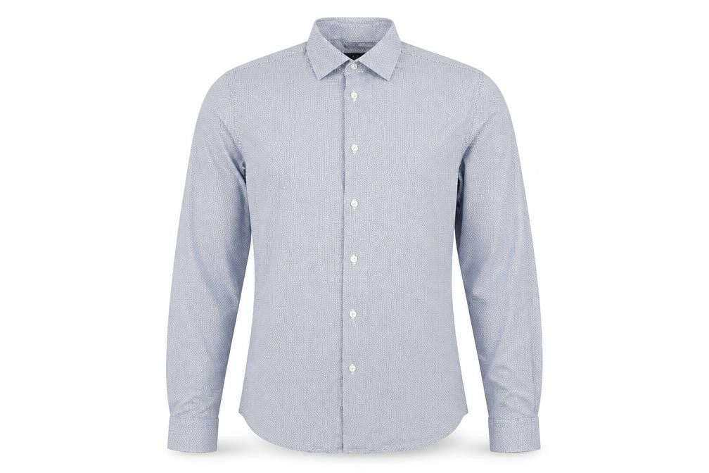Front view of Zara men’s blue geometric button-up, size S