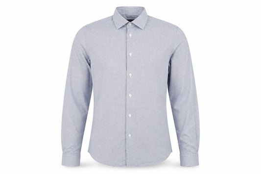 Front view of Zara men’s blue geometric button-up, size S