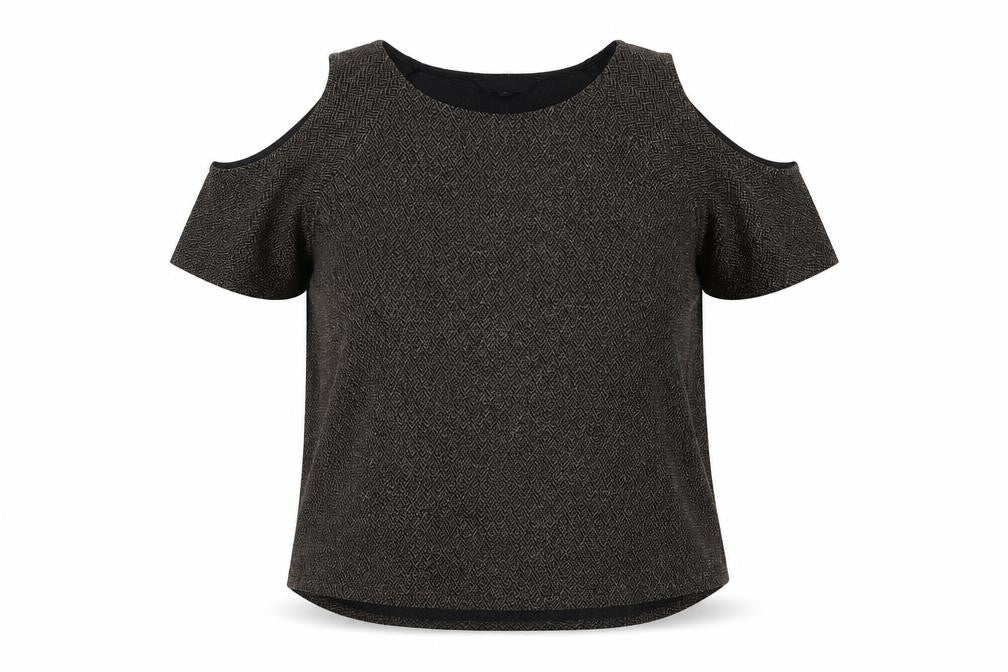 Front view of New Look women’s gold basic t-shirt, size UK 12, - open shoulders