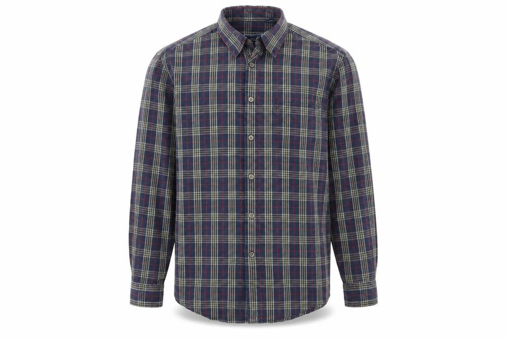Front view of IZOD men’s blue check button-up, size M