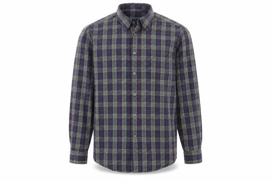 Front view of IZOD men’s blue check button-up, size M