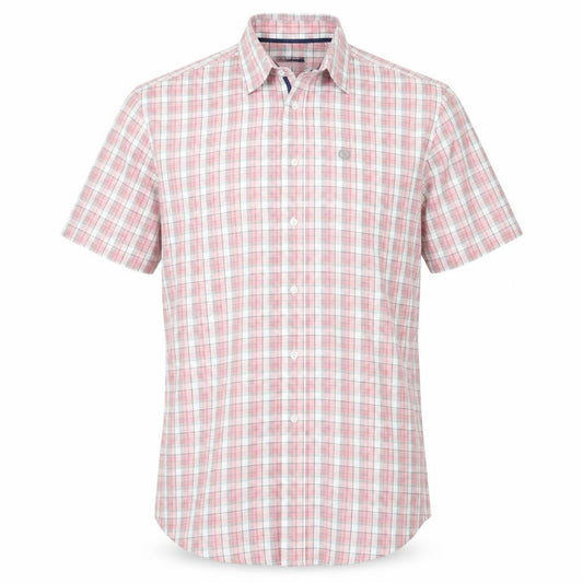 Front view of Easy men’s pink check button-up, size M
