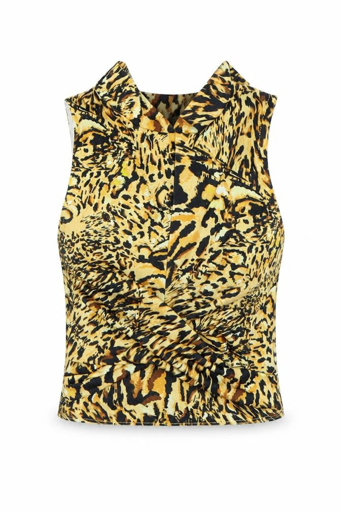 Front view of ASOS women’s yellow animal print basic tank, size UK 8
