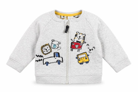 Front view of Nutmeg boys’ grey jersey track jacket jacket, size 6-9, months