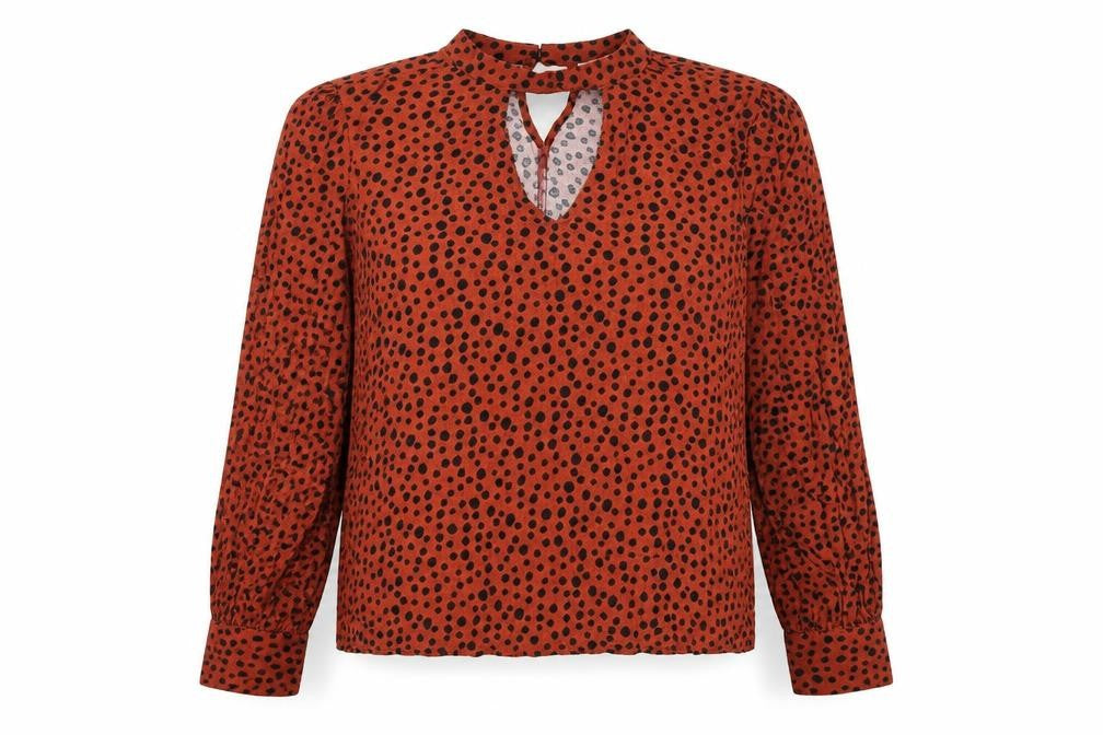 Front view of Just Fab women’s brown animal print basic blouse, size 2XL