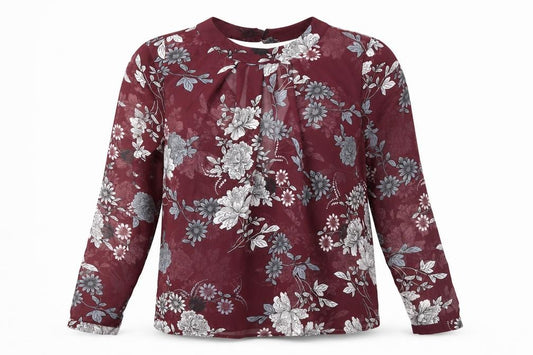 Front view of Atmosphere women’s red floral wrap blouse, size UK 14
