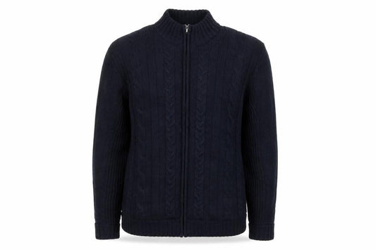 Front view of Atlantic Bay men’s blue knit jacket, size M