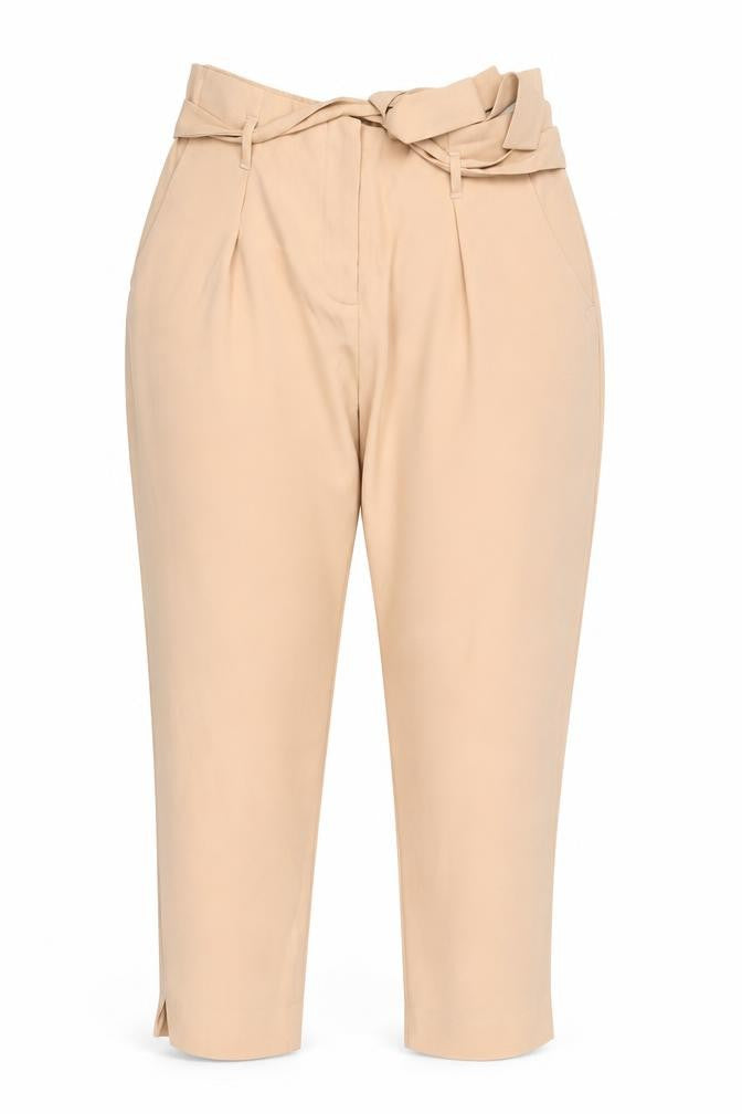 Front view of River Island women’s beige capri trousers, size UK 10, 25-inch leg