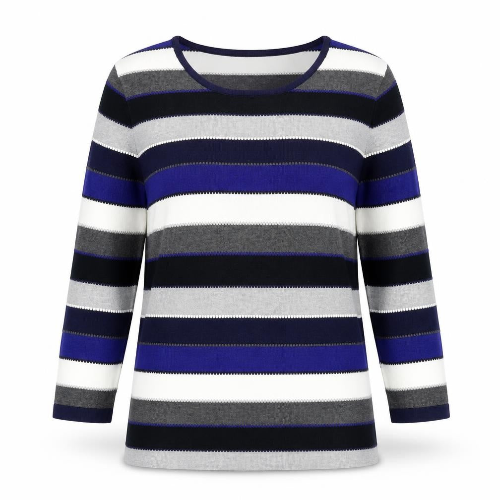 Front view of Just Elegance women’s blue striped jumper, size M