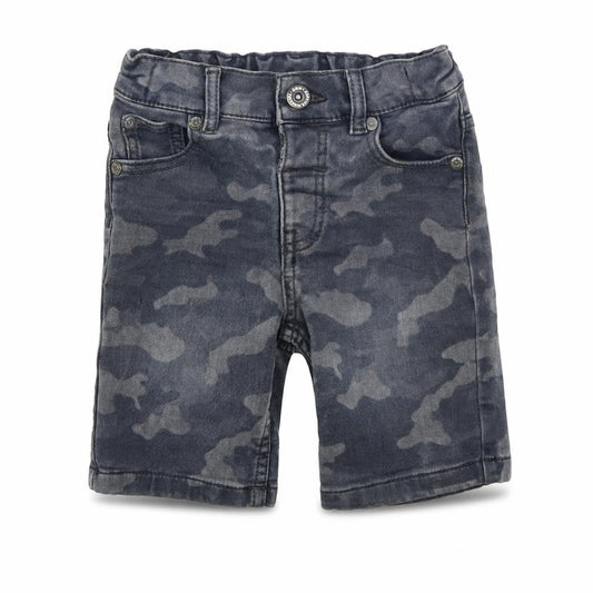 Front view of F&F boys’ grey camouflage denim biker shorts, size 2-3, years