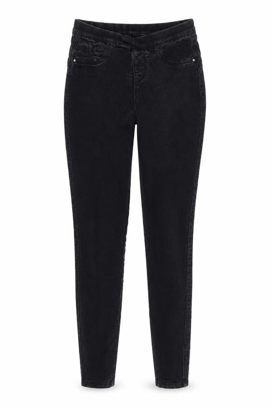 Front view of Denim & Co. women’s black denim jegging jeans, size UK 8, 26-inch leg