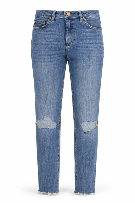Front view of women’s blue denim skinny jeans, size UK 26, in, 29-inch leg