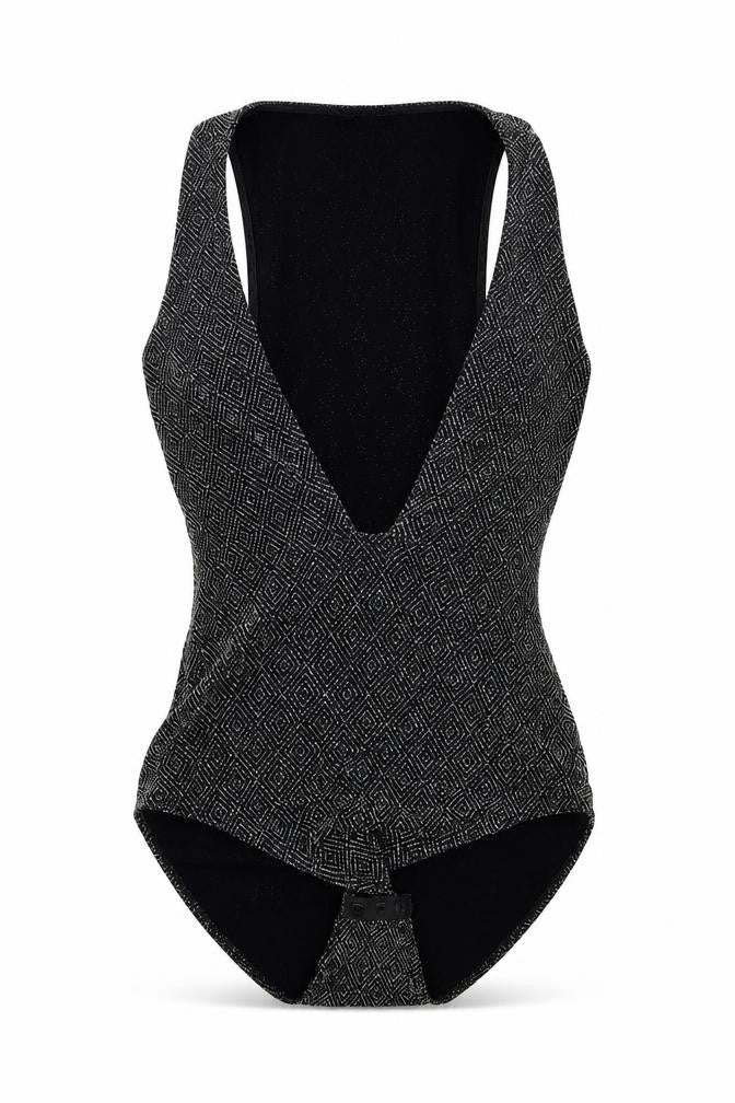 Front view of Topshop women’s silver leotard one-piece, size UK 6