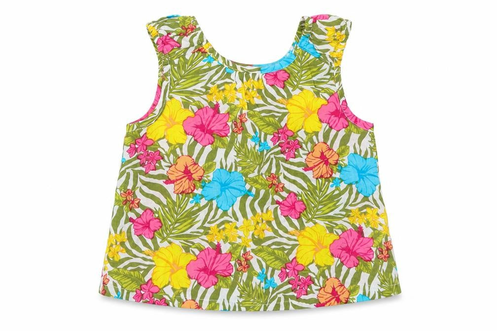 Front view of UBS 2 girls’ multicoloured floral basic tank, size 3, years