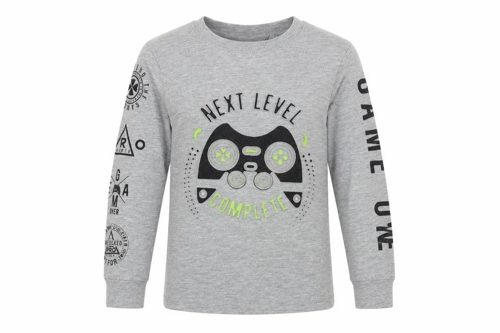 Front view of Blue Zoo boys’ grey basic t-shirt, size 4-5, years - game on-next level complete