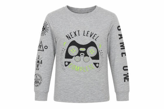 Front view of Blue Zoo boys’ grey basic t-shirt, size 4-5, years - game on-next level complete