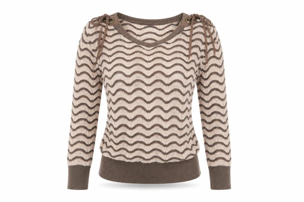 Front view of H&M women’s brown striped jumper, size UK 6