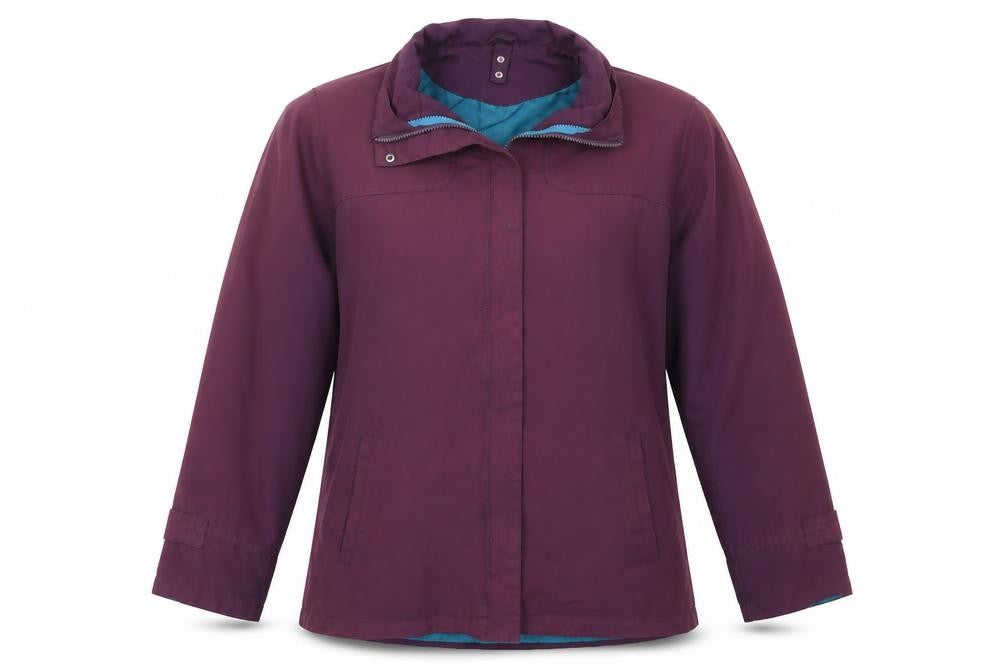 Front view of Preworn women’s purple jacket coat, size UK 14