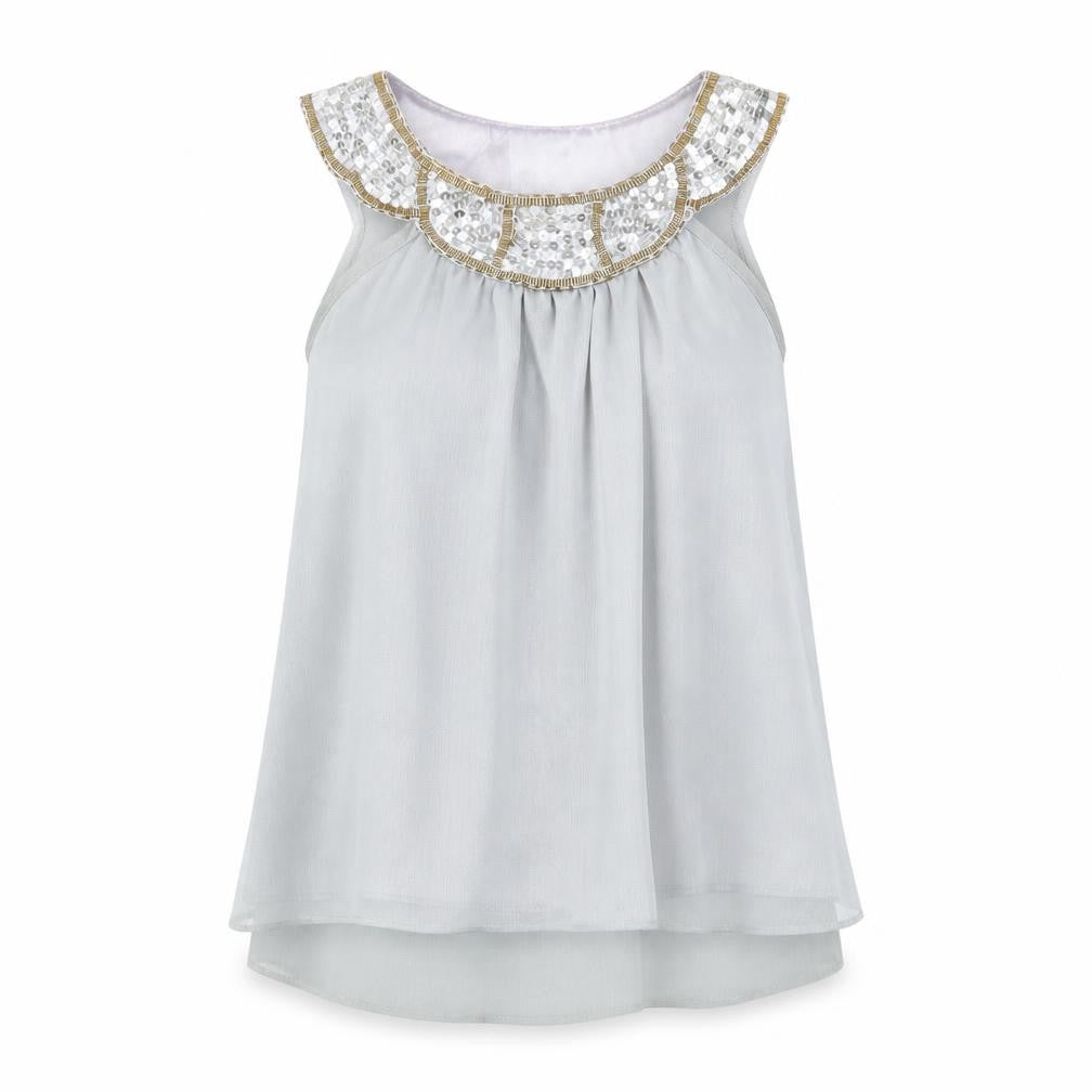 Front view of Beauty Angel women’s grey geometric chiffon basic blouse, size UK 14