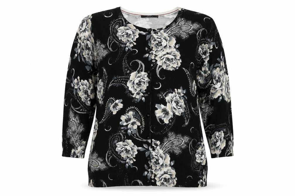BM Womens Black Floral  Cardigan Jumper Size M