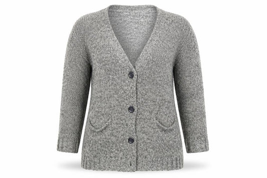 Front view of Divided women’s grey knit cardigan jumper, size UK 12