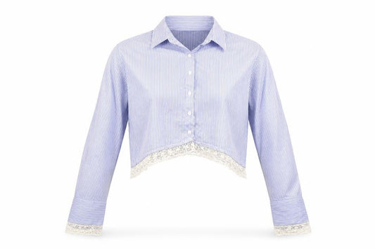 Front view of Fenn Wright Manson women’s blue striped cropped button-up, size XL, - lace hem