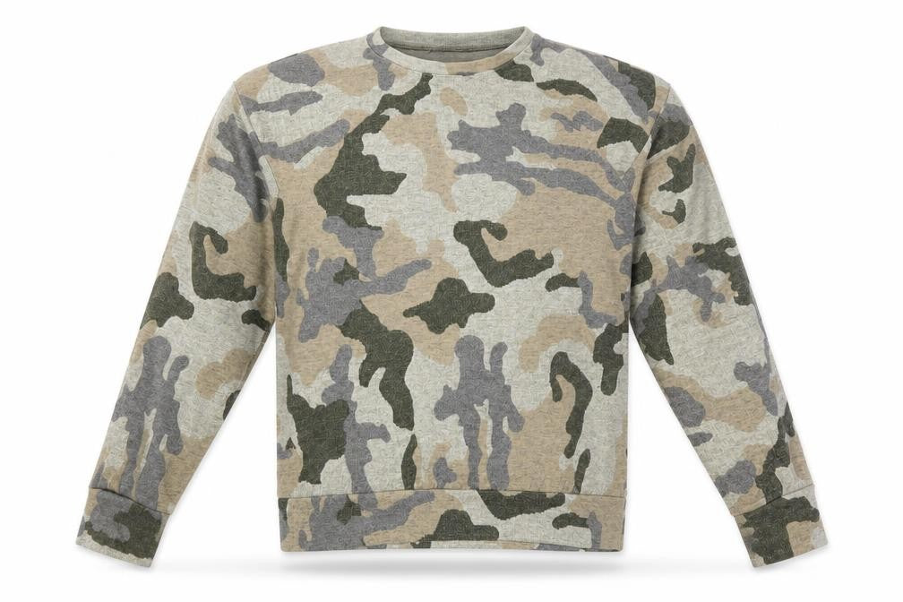 Front view of Select men’s green camouflage pullover sweatshirt, size S