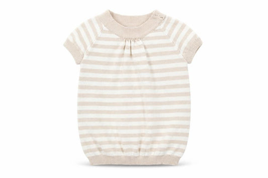 Front view of The Little White Company girls’ beige striped jumper, size 3-6, months