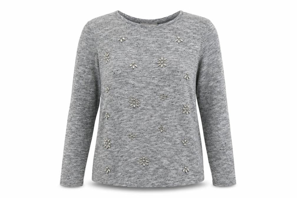 Front view of Primark women’s grey jumper, size UK 10, - floral beading detail
