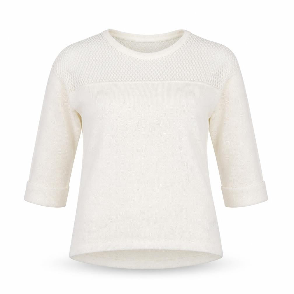 Front view of River Island women’s beige jumper, size UK 6, - netted top