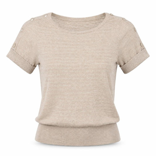 Front view of Debenhams women’s brown striped jumper, size UK 10, - metallic, button details on shoulders