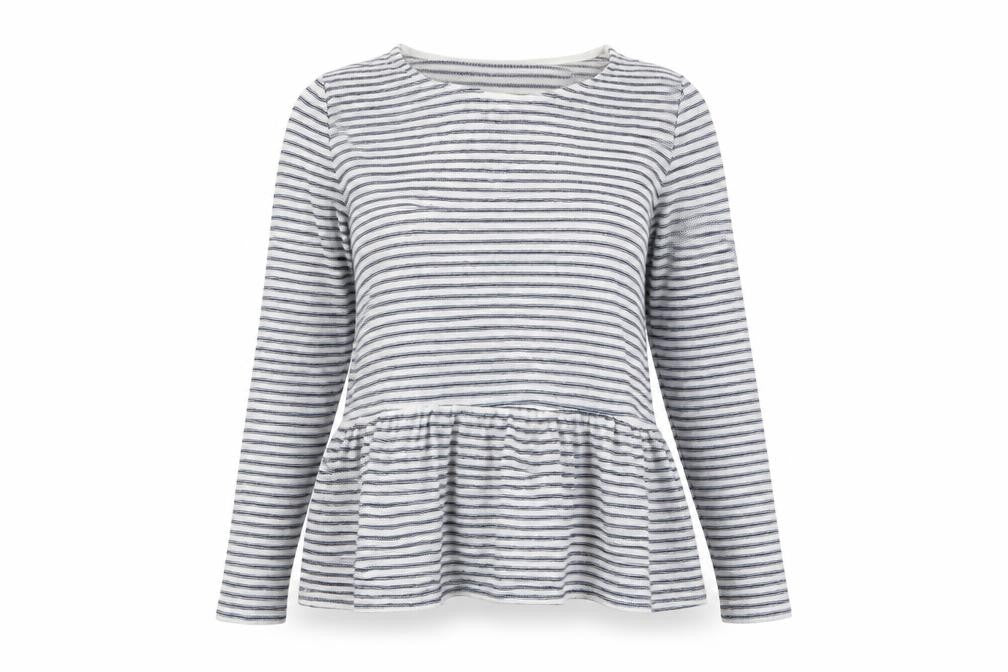 Front view of New Look women’s blue striped basic t-shirt, size UK 6