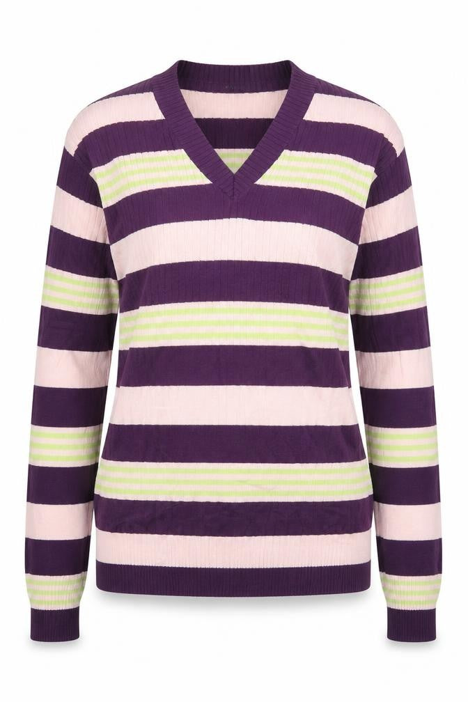 Front view of JUNK de LUXE women’s purple striped jumper, size L, - pink