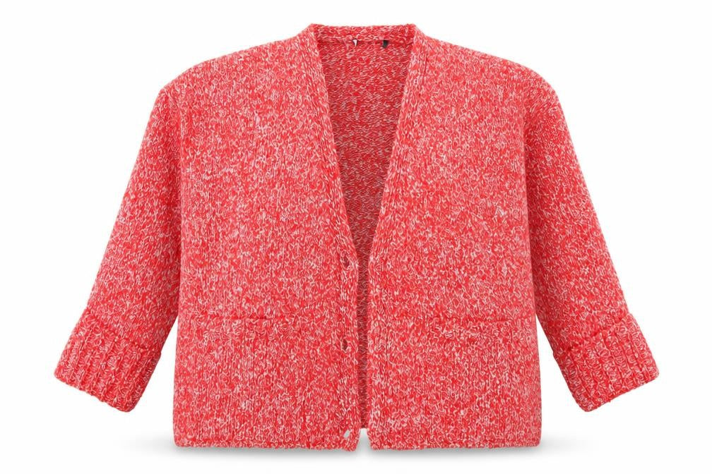 Front view of Marks & Spencer women’s red cardigan jumper, size XL