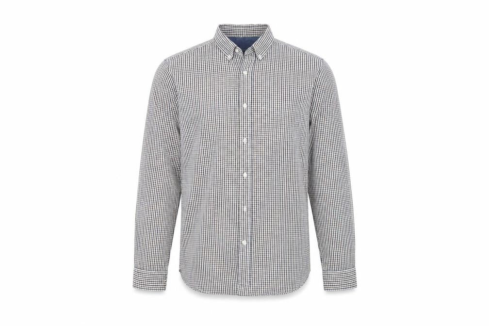 Front view of Next men’s white striped button-up, size M