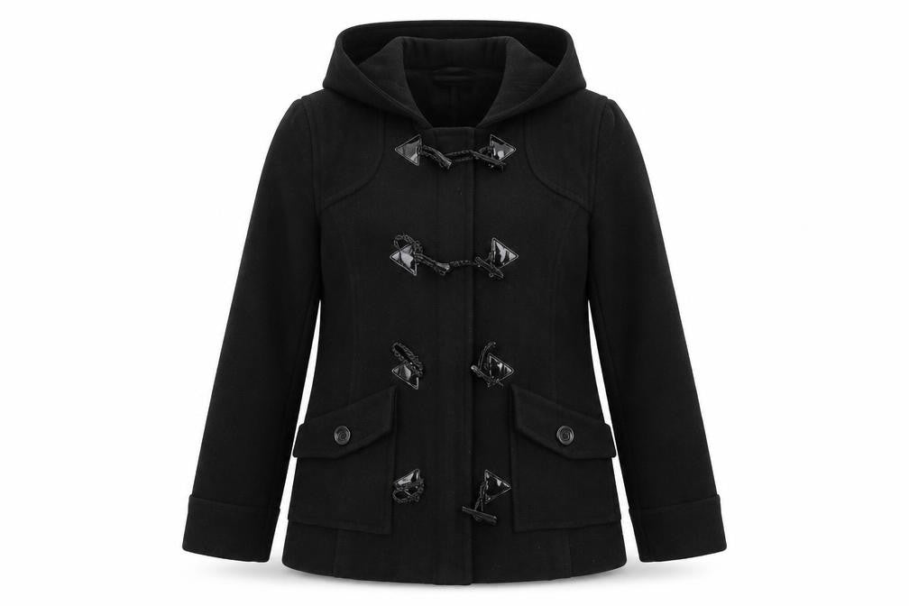 Front view of Internationale women’s black jacket coat, size UK 10
