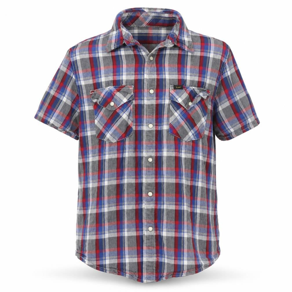 Front view of Lee men’s multicoloured striped woven button-up, size L