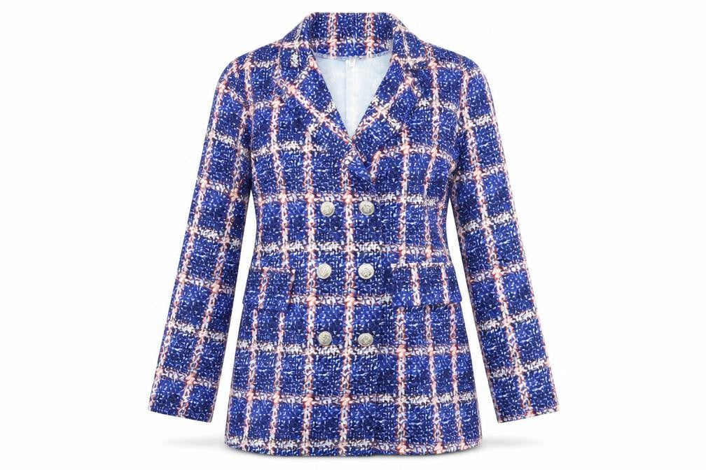 Front view of Prewworn women’s blue check jacket, size M