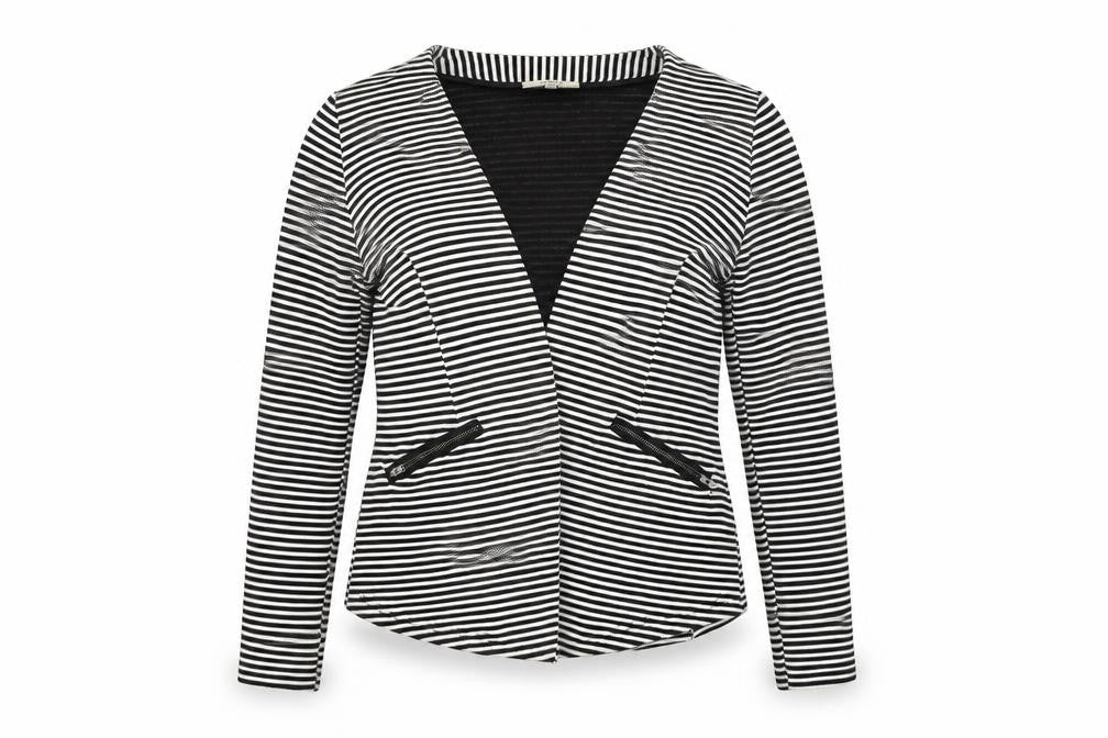 Front view of Papaya women’s white striped jacket coat, size UK 12