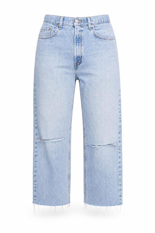 Front view of women’s blue denim cropped jeans, size UK 30, in, 23-inch leg