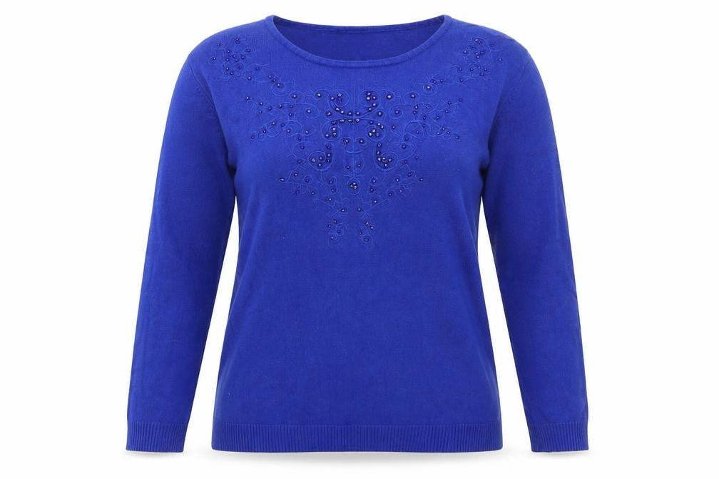 Front view of Just Elegance women’s blue basic t-shirt, size S