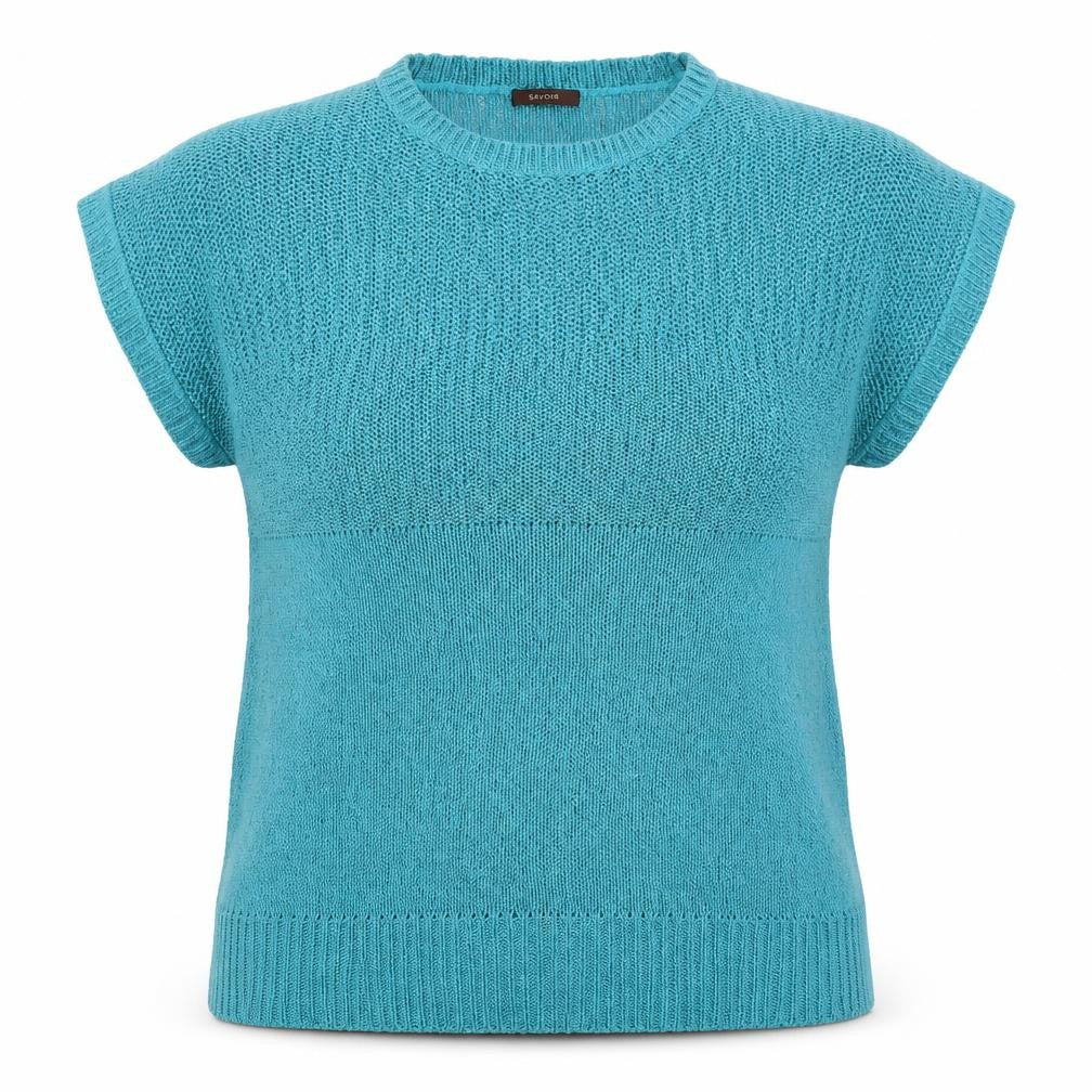 Front view of Savoir women’s blue knit jumper, size UK 20