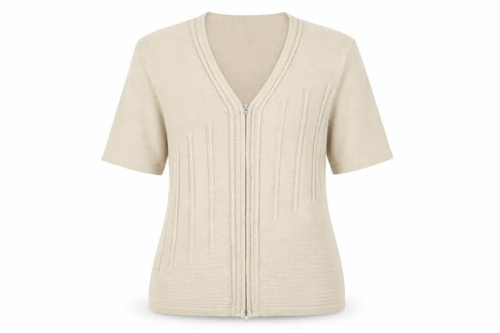 Front view of Daxon women’s beige cardigan jumper, size M